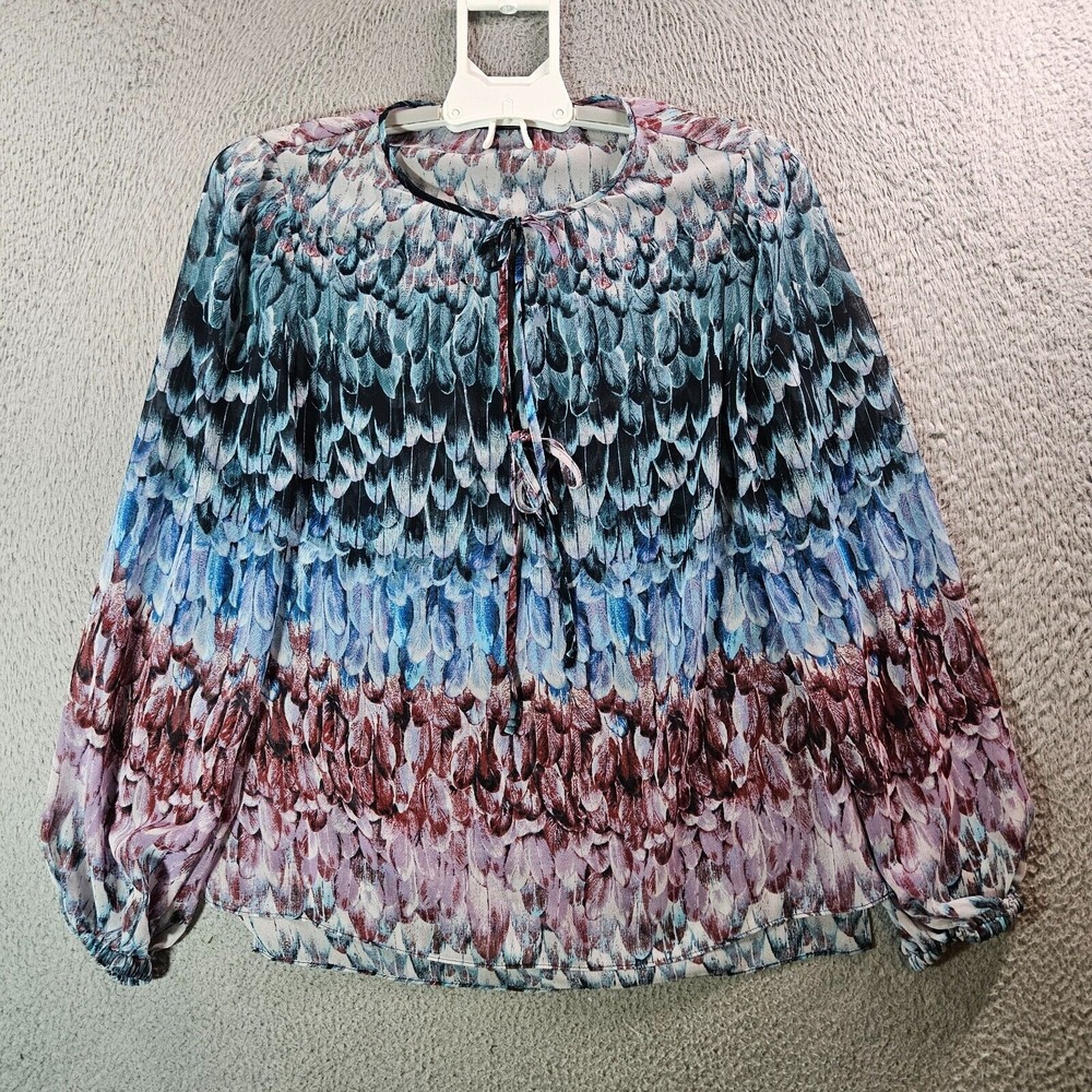 BCBG Maxazria Top Blouse Women‎ XXS Sheer Feathers Print Preppy Long Sleeve